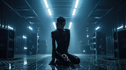 Obraz premium Cyborg woman sitting on the floor in server room. Future technology concept. Generative AI