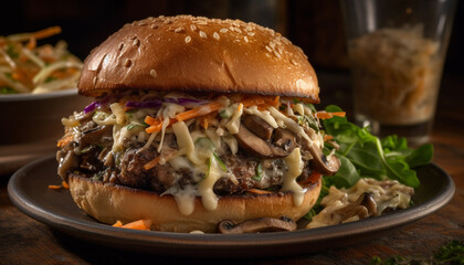 Grilled beef burger on rustic wooden plate generated by AI