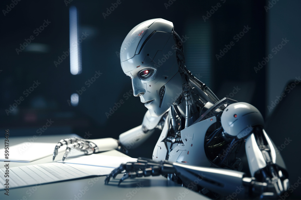 Poster generative ai robot working with notebook in dark room, artificial intelligence concept
