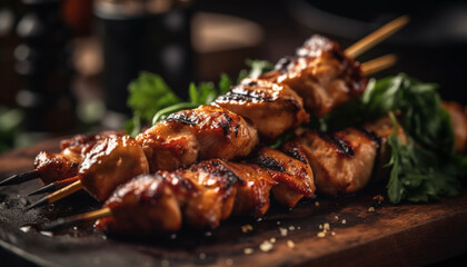 Grilled chicken skewers with savory sauce and vegetables generated by AI