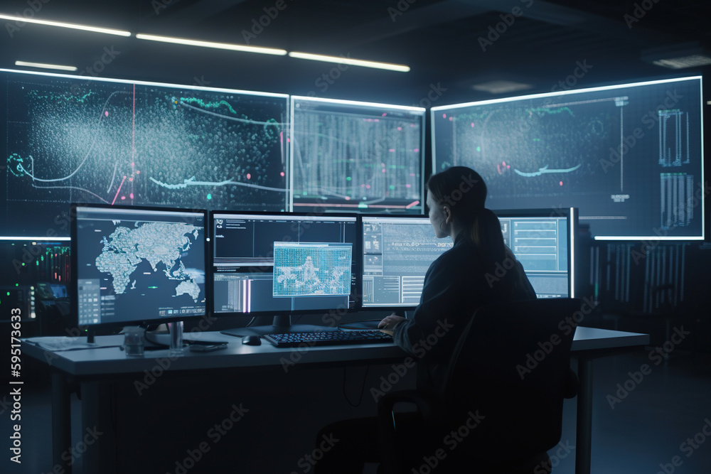 Poster rear view of businessman working on computer monitors in office at night, generative ai