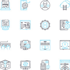 Computer Science linear icons set. Algorithm, Binary, Cache, Compiler, CPU, Database, Debugging line vector and concept signs. Encryption,Firewall,Framework outline illustrations