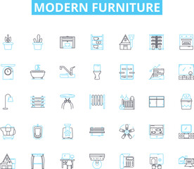 Modern furniture linear icons set. Minimalism, Sleek, Chic, Contemporary, Functional, Innovation, Geometry line vector and concept signs. Innovation,Sustainability,Futuristic outline illustrations