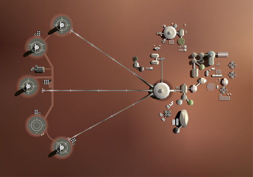 Mars colony concept. Early Martian settlement areal view. Human exo planet habitat. Rocket launching pads. Alien city. Terraforming domes. vector illustration.