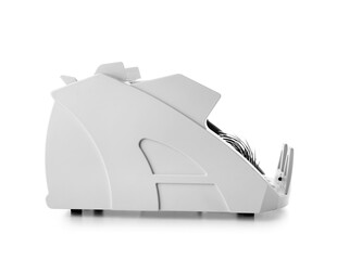 Modern cash counting machine on white background