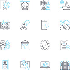 Social advertising linear icons set. Engagement, Targeting, Impressions, Conversion, CTA (Call-to-Action), ROI (Return on Investment), Metrics line vector and concept signs. Analytics,Branding