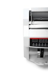 Modern cash counting machine on white background, closeup