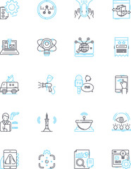 Exhibitions and shows linear icons set. Display, Showcase, Expo, Gallery, Event, Performance, Art line vector and concept signs. Trade show,Spectacle,Exhibition outline illustrations