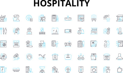 Hospitality linear icons set. Accommodation, Service, Hospitality, Comfort, Experience, Amenities, Welcome vector symbols and line concept signs. Reception,Customer,Impression illustration
