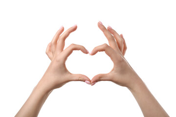 Woman making heart with her hands on white background