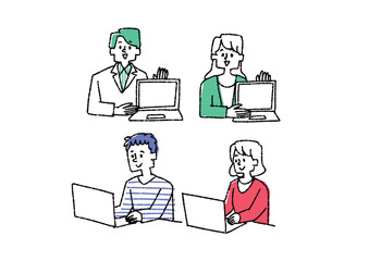パソコンを使っている人と説明しているオフィスカジュアルの人物セット