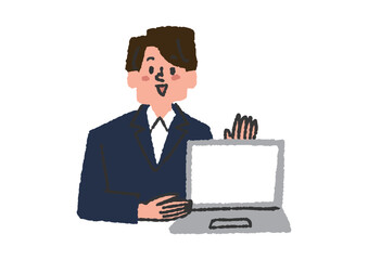 パソコン画面を見せて説明しているオフィスカジュアルの男性