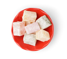 Bowl with tasty Turkish Delight on white background