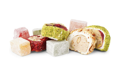 Heap of tasty Turkish Delight on white background