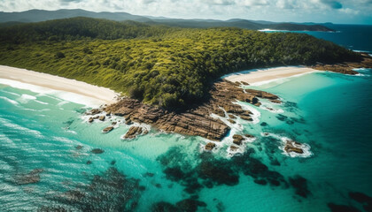 Fototapeta na wymiar Turquoise waves crash on idyllic tropical coastline generated by AI