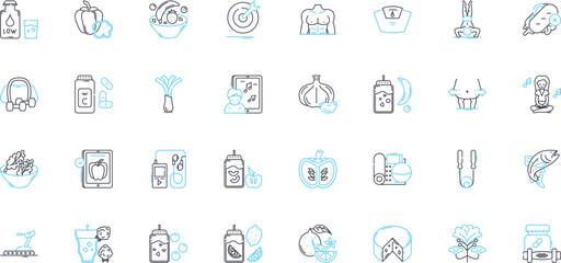 Balanced fitness linear icons set. Wellness, Harmony, Equilibrium, Symmetry, Stability, Moderation, Health line vector and concept signs. Strength,Flexibility,Agility outline illustrations