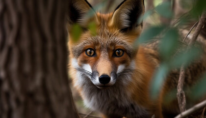 Naklejka na ściany i meble Red fox staring, alert in natural beauty generated by AI