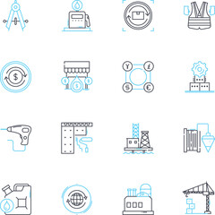Production facility linear icons set. Assembly, Manufacturing, Automation, Quality, Machinery, Efficiency, Fabrication line vector and concept signs. Inventory,Packaging,Production outline