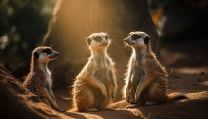 Fototapeta premium Small group of meerkats and mongoose standing alert generated by AI