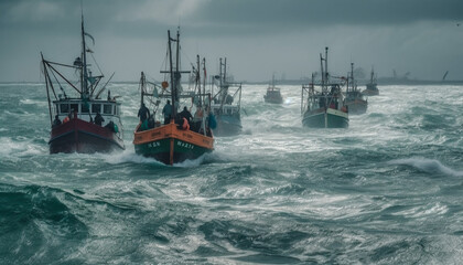 Sailing ship on blue sea, fishing industry working generated by AI