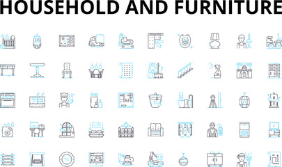 Household and furniture linear icons set. Sofa, Bed, Chair, Table, Shelf, Lamp, Rug vector symbols and line concept signs. Mirror,Couch,Cushion illustration