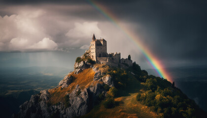 Medieval chapel atop majestic cliff, nature beauty generated by AI