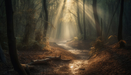 Mysterious forest path, autumn leaves, spooky beauty generated by AI