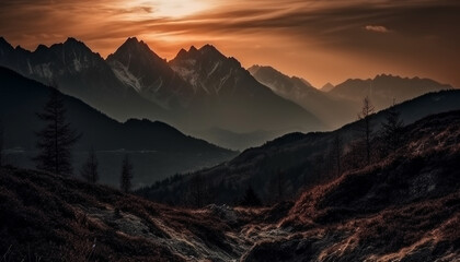 Fototapeta na wymiar Majestic mountain peak, tranquil sunset landscape beauty generated by AI