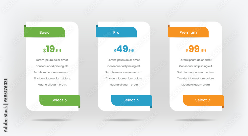 Aufkleber clean minimal pricing table with drop shadow for web and ui design