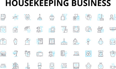 Housekeeping business linear icons set. Cleanliness, Sanitation, Tidiness, Scrubbing, Dusting, Vacuuming, Organization vector symbols and line concept signs. Disinfection,Polishing,Mopping