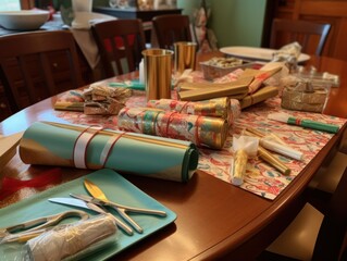 A table with a gift-wrapping station, including rolls of wrapping paper, ribbons, scissors, and a wrapped gift