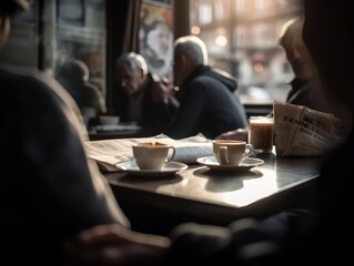 A table in a cafe with cups of coffee, pastries, and a book or newspaper, with people's silhouettes in the background