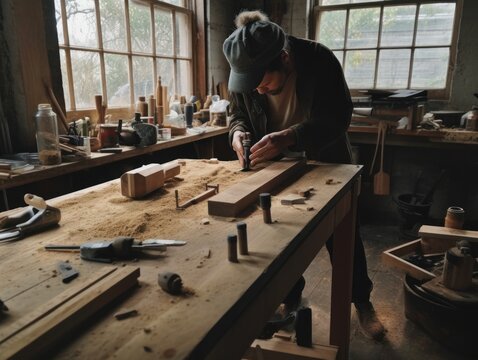 A rustic table with various DIY tools, materials, and a work-in-progress project