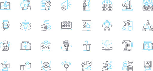 Agency bureau linear icons set. Authority, Business, Contracts, Cooperation, Expertise, Facility, Guidance line vector and concept signs. Institution,Intervention,Legal outline illustrations