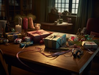 A table with a gift-wrapping station, including rolls of wrapping paper, ribbons, scissors, and a wrapped gift