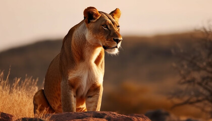 Majestic lioness resting in African wilderness plain generated by AI