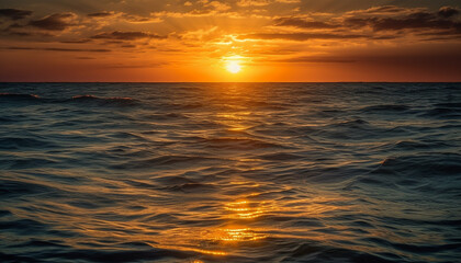 Obraz premium Sunset over tranquil waters, nature vibrant beauty generated by AI