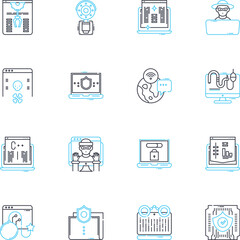 Web universe linear icons set. Connectivity, Interactivity, Accessibility, Integration, Innovation, Globalization, Virality line vector and concept signs. Digitization,Personalization,Crowdsourcing