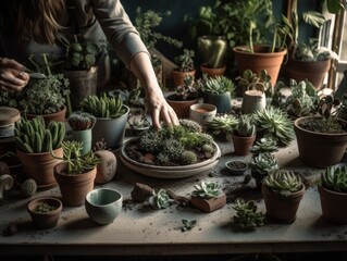 A table with an assortment of plants, such as succulents and small potted flowers, along with gardening tools like a watering can, trowel, and gloves