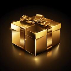 goldenes Geschenk mit goldener Schleife auf schwarzem Hintergrund. Quadratisch. Generative Ai.