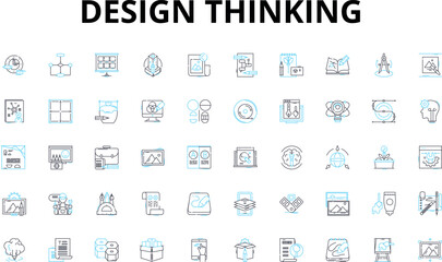Design thinking linear icons set. Ideation, Prototyping, Empathy, Iteration, Solutions, Insights, User-centered vector symbols and line concept signs. Brainstorming,Creative,Collaboration illustration - obrazy, fototapety, plakaty