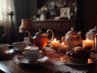 Fototapeta na wymiar A cozy and inviting tea party scene unfolds on a table