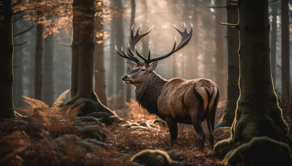 Horned stag standing in tranquil forest landscape generated by AI