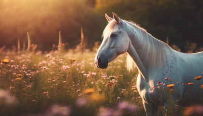 Stallion grazing in meadow at sunset generated by AI