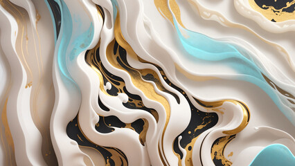 Abstract marble background in light blue and white colors with gold and black streaks. Ai generative illustration