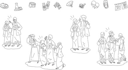 日本の温泉旅行と浴衣を着た人物のセット（線画白黒）