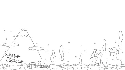 日本の温泉旅行を楽しむカップルのフレーム（冬）（線画白黒）