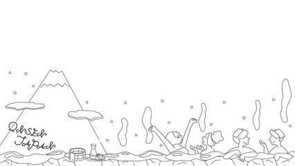 日本の温泉旅行を楽しむ外国人の旅行客のフレーム（冬）（線画白黒）