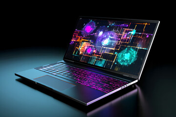 Colorful laptop with analytic data on black background. Created with generative AI.