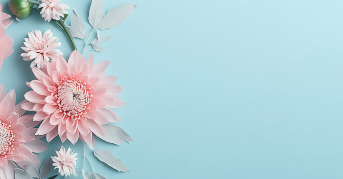 Pastel pink flowers on pastel blue background. Generative AI image